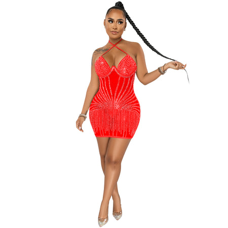 Sling Wrapped Rhinestone Mesh  Dress