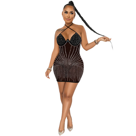 Sling Wrapped Rhinestone Mesh  Dress